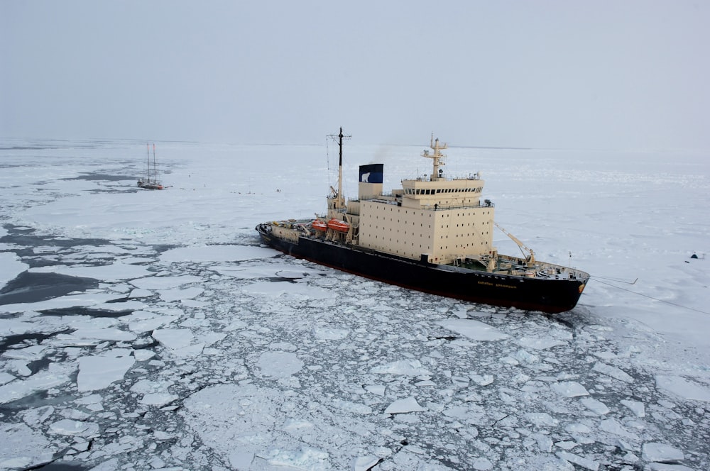 cargo ship on iced body of water