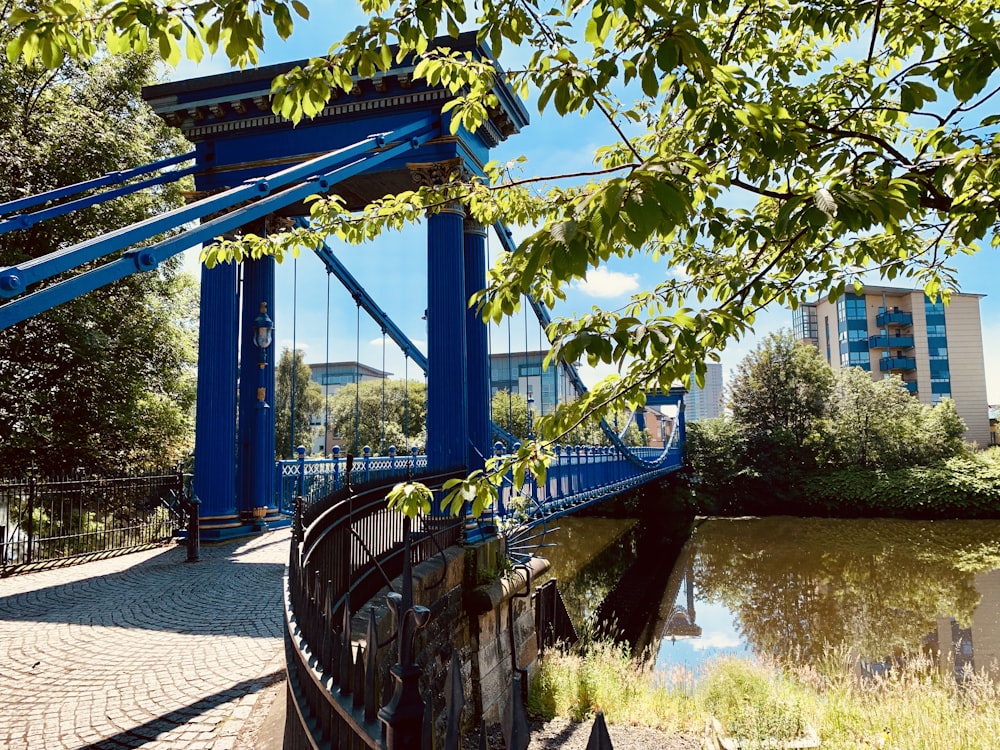 blue bridge across river