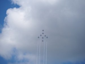 A formation of seven jet aircraft flying in a precise V-formation, leaving white trails of smoke behind against a backdrop of a partly cloudy sky.