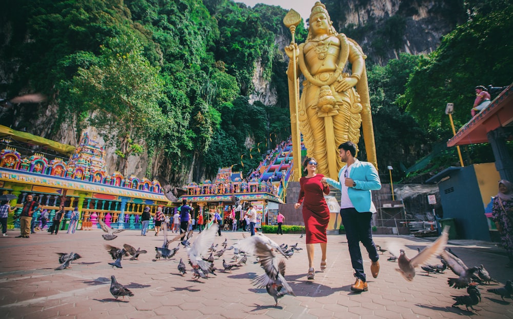 couple running at the temple