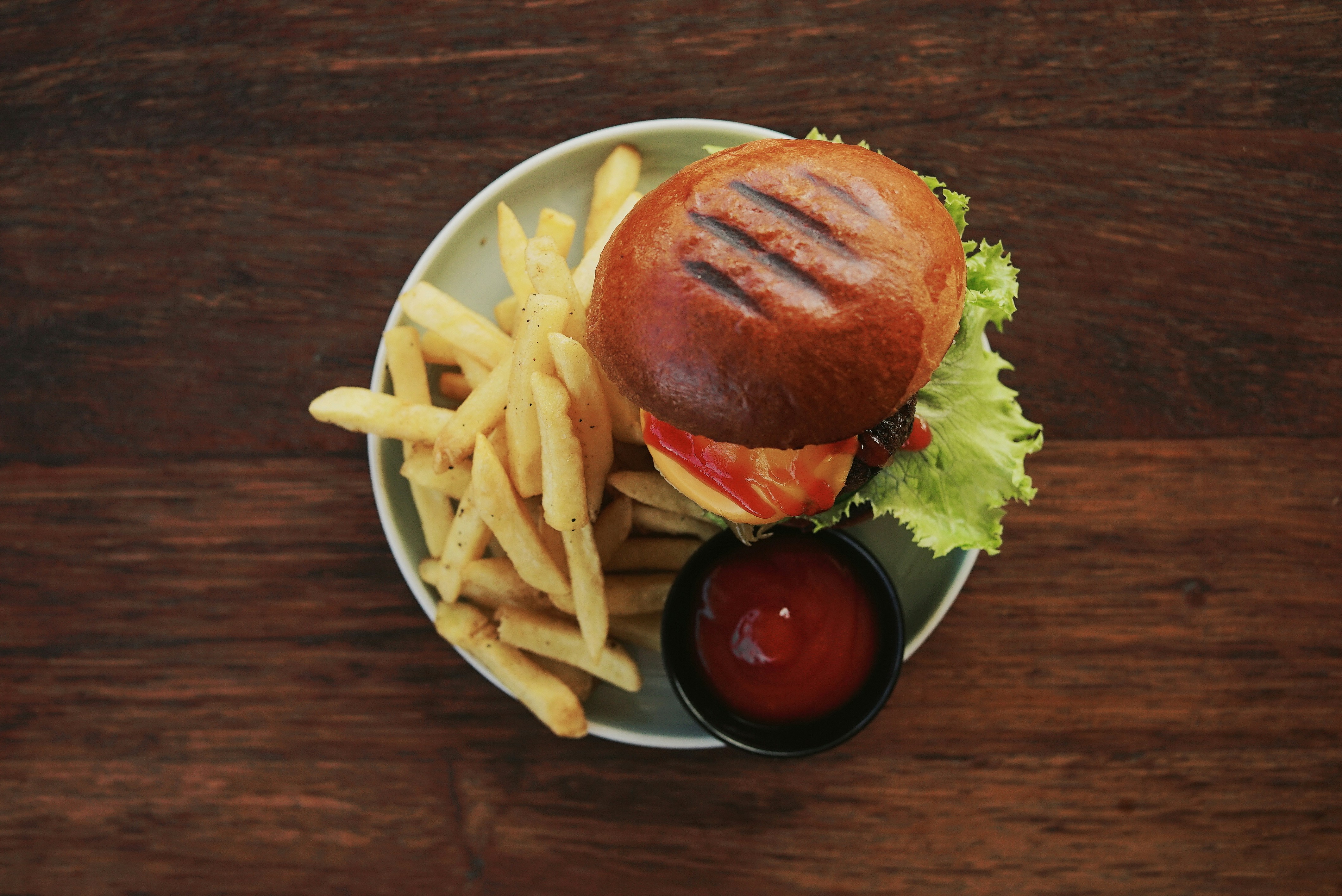 hamburger with fries in white ceramic plate