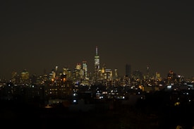 The image captures a nighttime city skyline featuring a variety of illuminated skyscrapers and buildings. The lights from the buildings create a vibrant glow against the dark sky, suggesting a bustling urban environment.