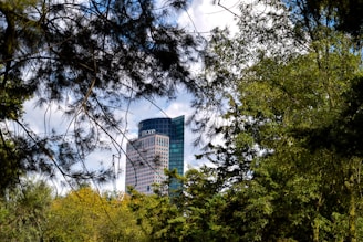 A modern skyscraper with a rounded glass design is partially obscured by lush green trees and foliage. The building bears the name 'Río Tiber 100'. The sky above is partly cloudy, adding a soft contrast to the vibrant greenery.