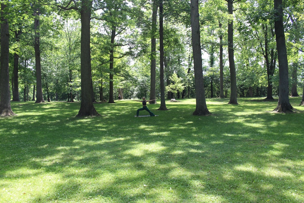Persona de pie sobre la hierba junto a los árboles