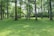 A verdant park setting with tall, mature trees spread across a lush green lawn. Sunlight filters through the dense canopy, creating patches of light and shade. In the center, a person is practicing yoga, performing a warrior pose, adding a tranquil yet energetic vibe to the scene.