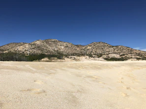 A sandy beach stretches out in the foreground, leading to a range of rugged, desert hills in the background under a clear blue sky.