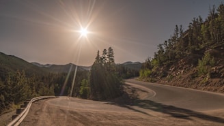 A serene mountain road winding through lush green forests under a clear blue sky.
