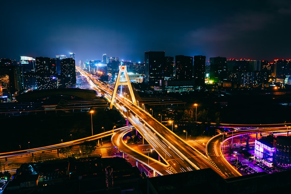 Chengdu at night - city skyline with traffic light trails