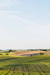 A wide aerial view of rolling green fields under a clear blue sky.