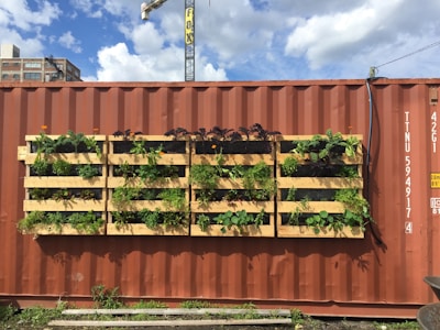 A large red shipping container with a vertical garden made of wooden pallets attached to its side. The pallets are filled with various green plants and small flowers, thriving under sunlight. Some industrial buildings and a construction crane are visible in the background against a partly cloudy sky.