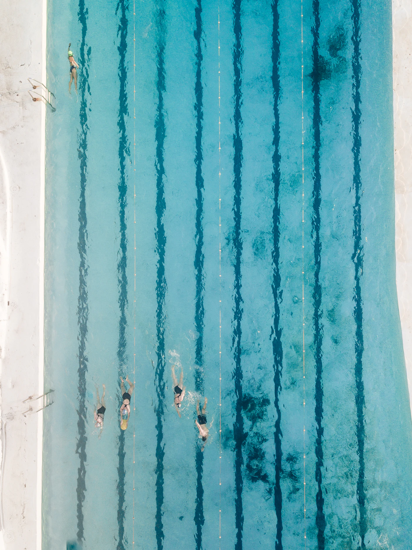 Aerial view of five swimmers racing in a lap pool
