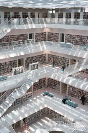 A modern, multi-level library with white walls and shelves filled with books. Sunlight streams through the ceiling, casting patterns on the floors and railings. Several people are browsing bookshelves or walking along the corridors, while others are seated on light blue couches placed around the library.