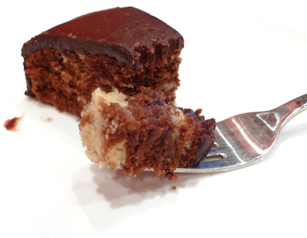 A close-up of a rich, moist chocolate cake slice with a glossy ganache topping on a simple white plate.