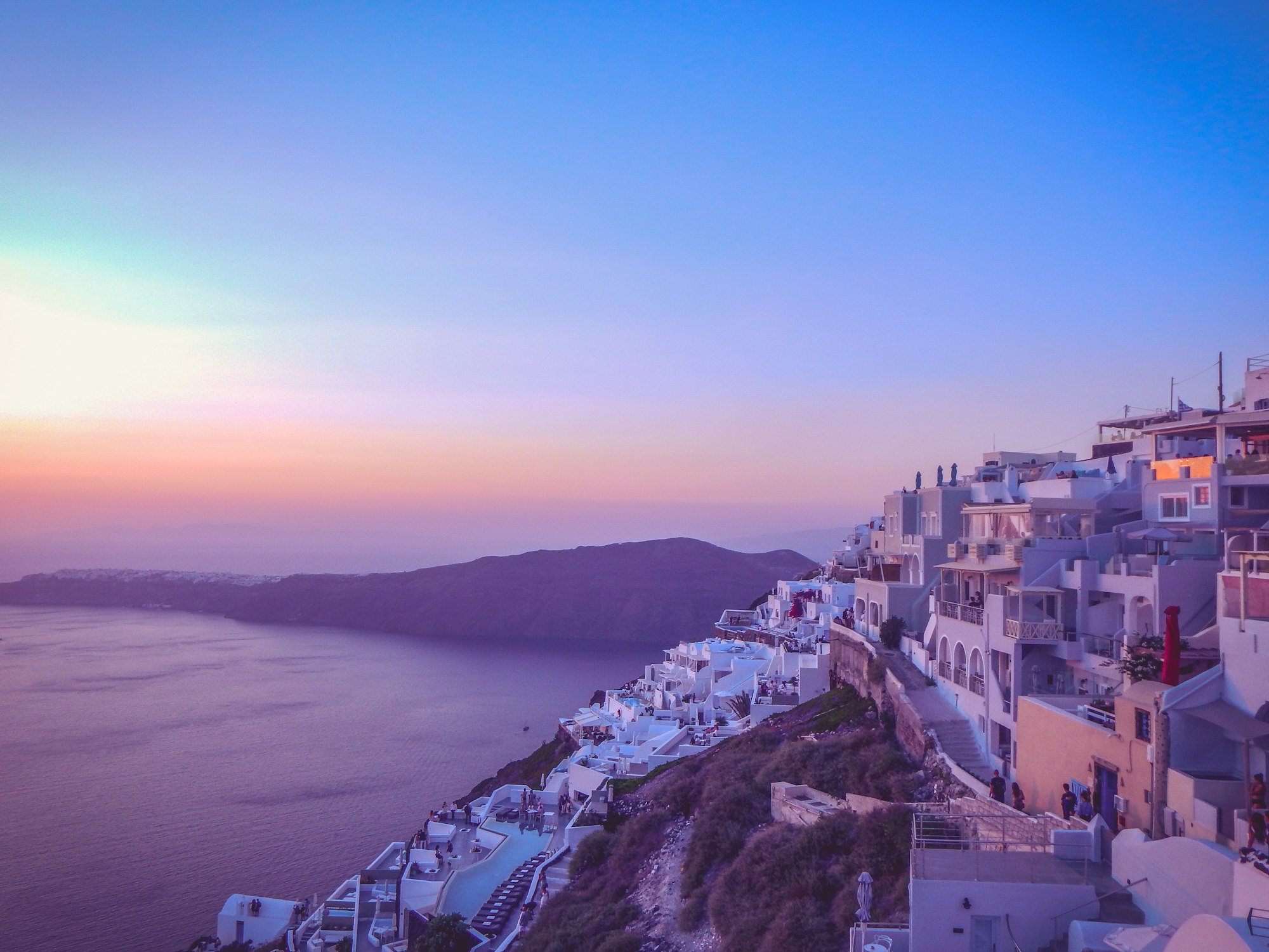 Sunset overlooking the Imerovigli village in Santorini.