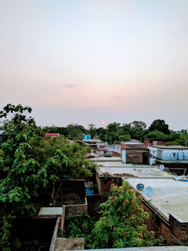 A rural village scene with multiple rooftops, some covered with satellite dishes. Trees with lush green foliage surround the area, and the sun is setting in the background, casting a soft glow across the sky.
