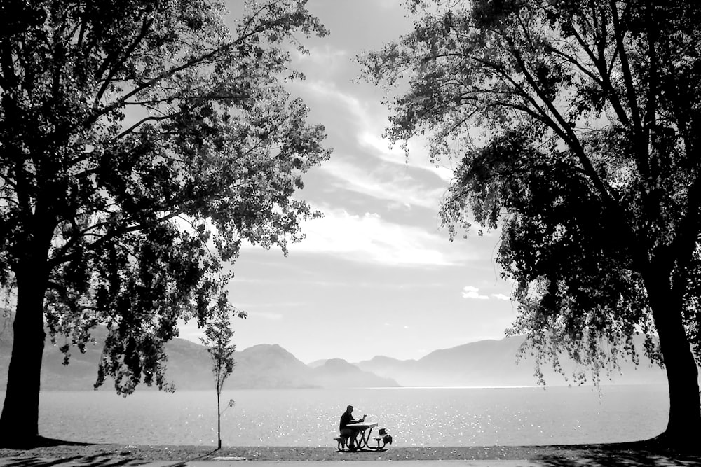 a man sitting on a bench next to a lake