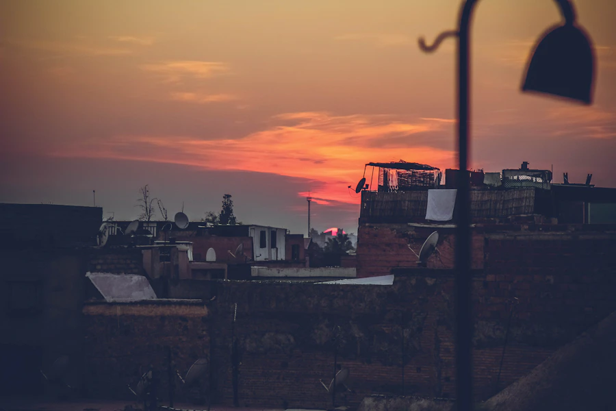 Rooftops of Marrakech’s old town at sunset, seen from a terrace
