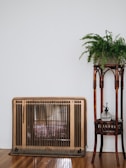 A vintage heater with a bronze finish stands against a white wall, next to a wooden plant stand holding a lush green fern. The wooden floor enhances the cozy, rustic feel.