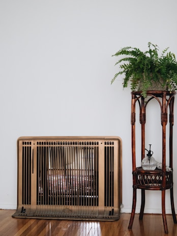 A vintage heater with a bronze finish stands against a white wall, next to a wooden plant stand holding a lush green fern. The wooden floor enhances the cozy, rustic feel.