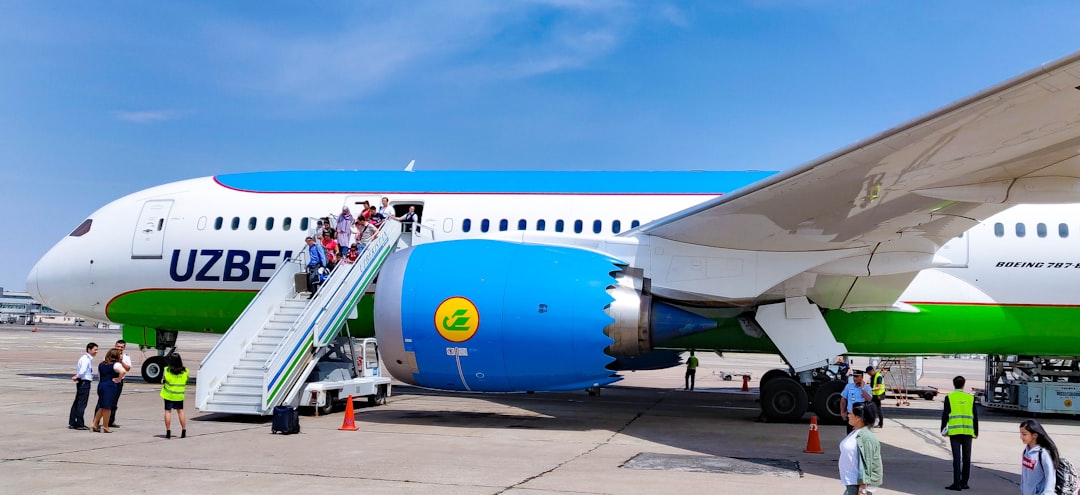 white and blue plane,