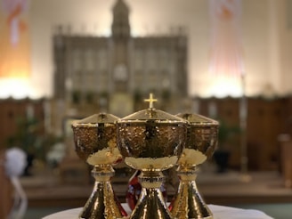 Three golden chalices are prominently placed in the foreground on a white cloth. They have a textured surface with a small cross on the lid. The background is blurred, featuring what appears to be the interior of a church or cathedral, with a large altar and ornate decorations.