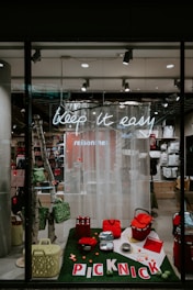 red bags and basket on display