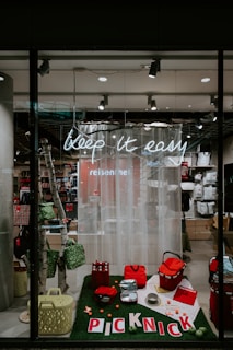 red bags and basket on display