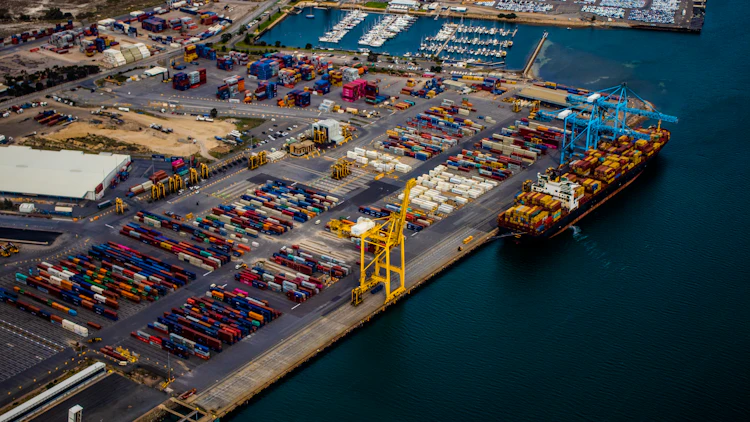A container ship docked at a port