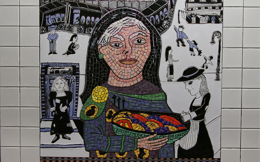 woman holding tray of foods mosaic art