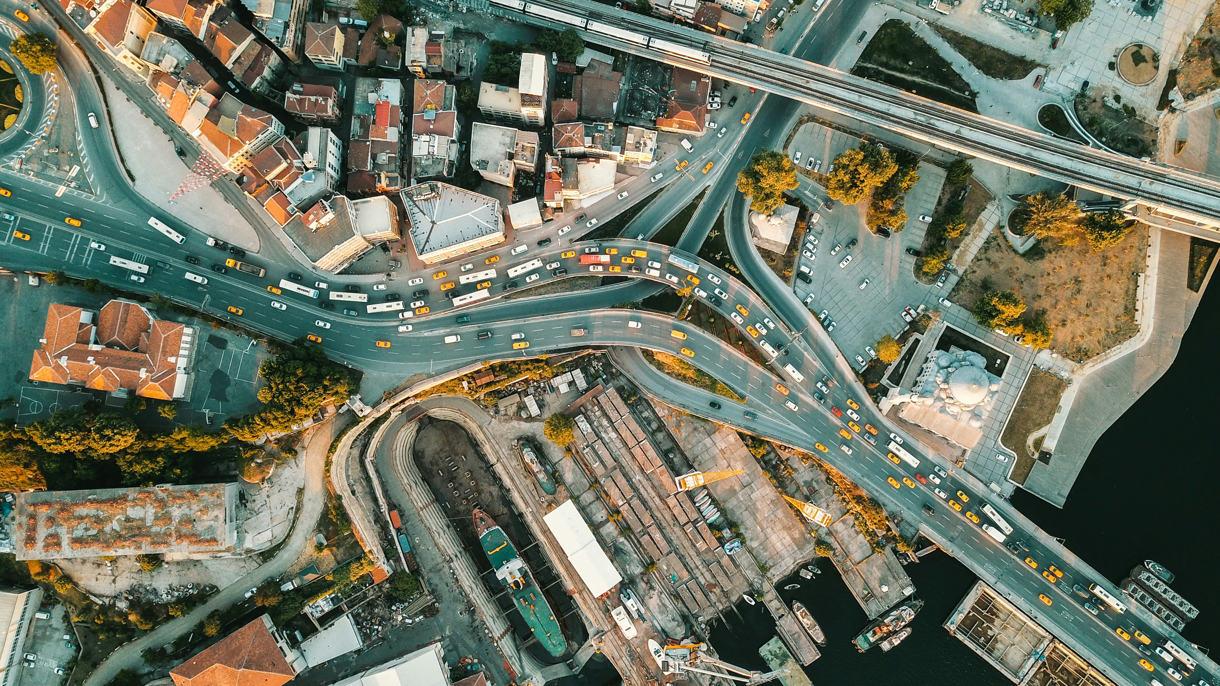 aerial view of cross streets at the city, Aerial photo of a street, beneath a shipyard in the center of Istanbul. 
