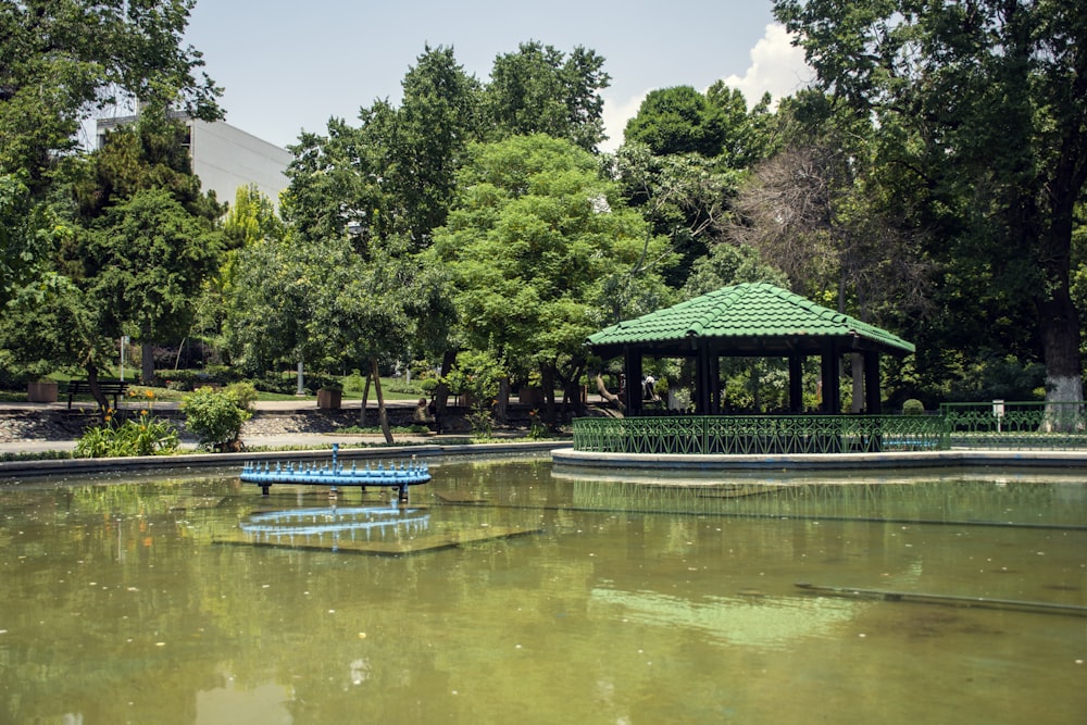 green and brown gazebo across pond