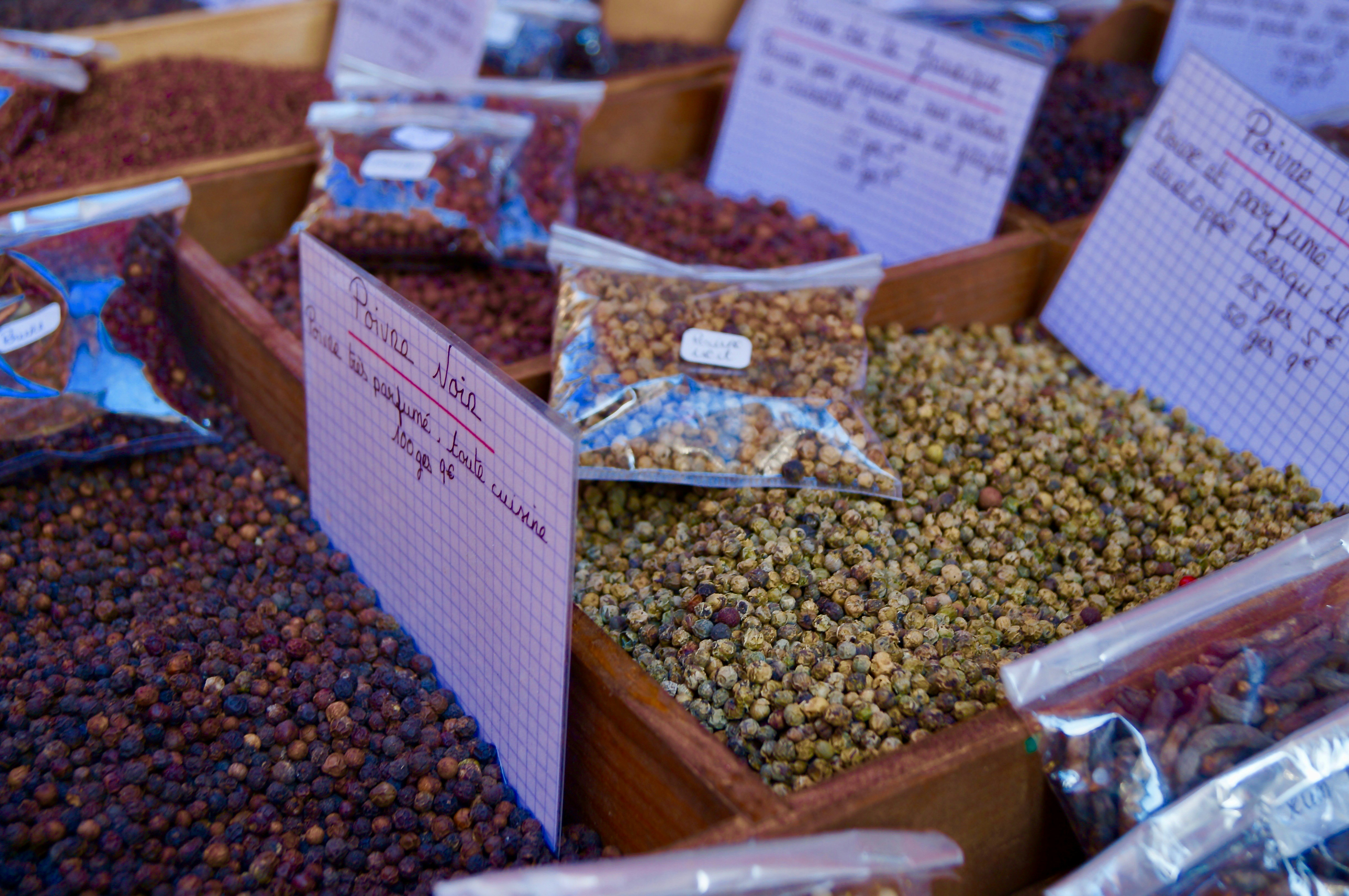 Peppercorns for sale at a French Market in Brittany
