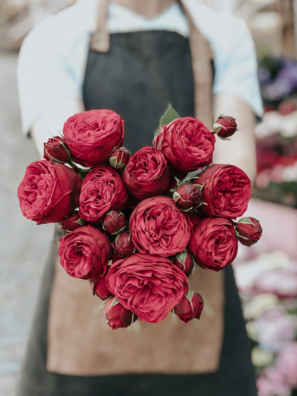 persona che tiene il bouquet di fiori dai petali rossi