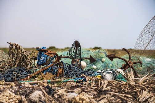 Divers removing ghost nets tangled around a rocky seabed