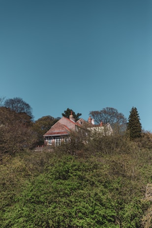 A cozy house with a vibrant red roof under a clear blue sky.