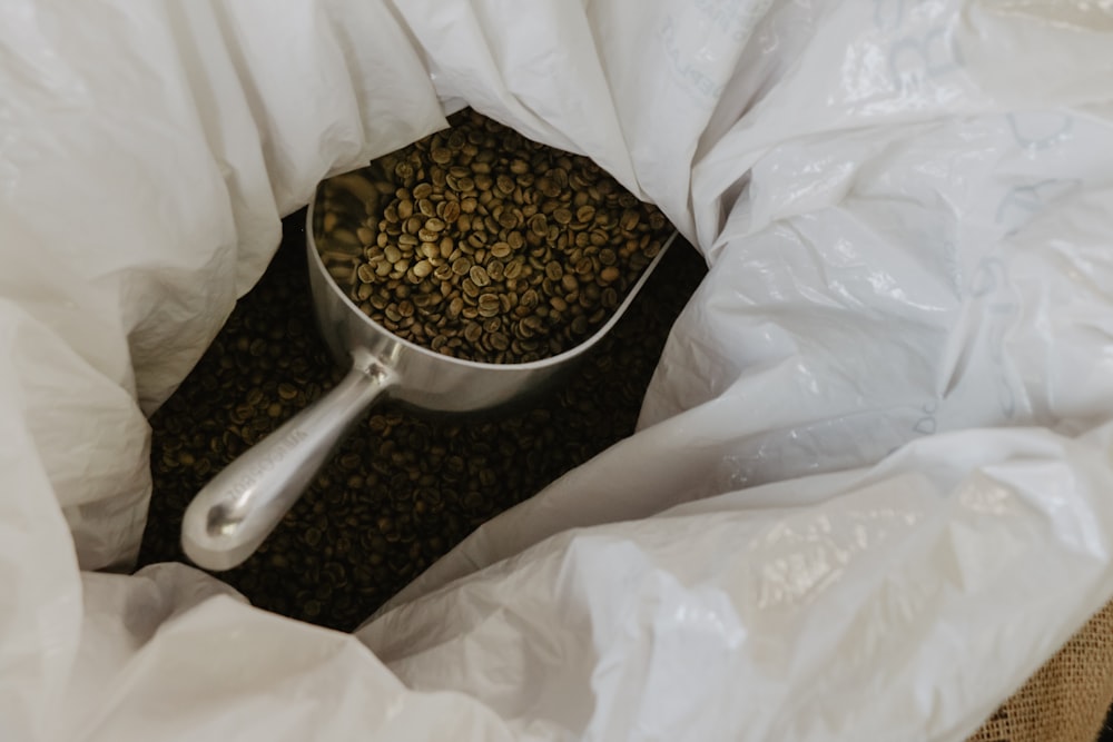 coffee beans in stainless steel scoop 