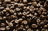 A close-up view of numerous roasted coffee beans scattered across the surface. The beans display a rich, dark brown color with a glossy texture, indicating a freshly roasted quality. Each bean reveals intricate details in its surface and shape.