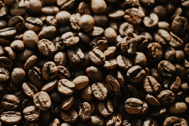 A close-up view of numerous roasted coffee beans scattered across the surface. The beans display a rich, dark brown color with a glossy texture, indicating a freshly roasted quality. Each bean reveals intricate details in its surface and shape.