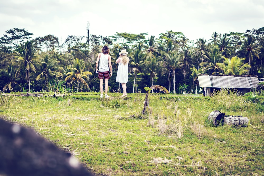 man an woman looking at coconut trees