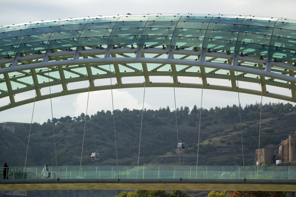 two people walking on green glass covered walk bridge