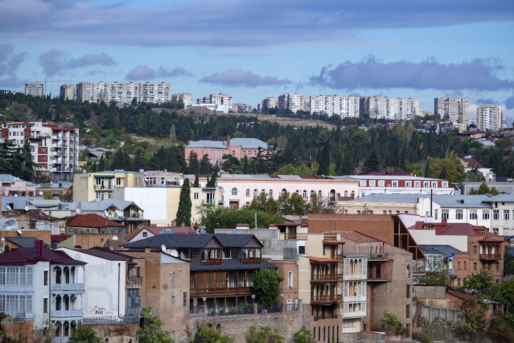 aerial view of buildings an trees