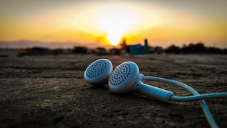 Headphones resting beside a peaceful nature scene at sunset.