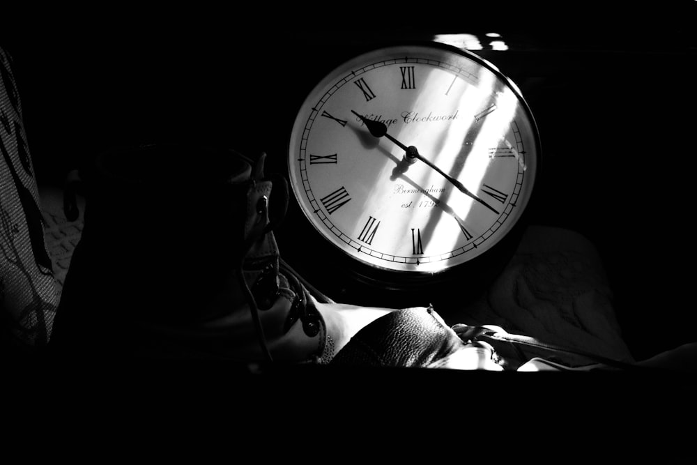 grayscale photography of analog clock
