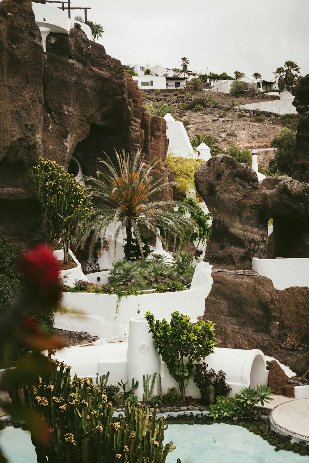 cliff with man made garden at daytime