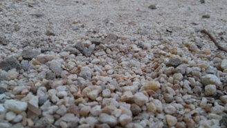 A close-up view of a gravel surface composed of small, irregularly shaped stones and pebbles in varying shades of beige, gray, and brown. The image captures the texture and unevenness of the surface with some focus on the foreground.