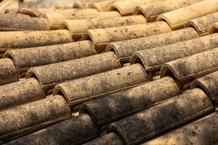 Rows of rustic terracotta roof tiles are closely aligned, featuring a weathered and textured surface with earthy tones and speckles.