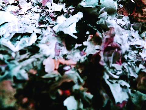 A close-up view of crushed and scattered paper pieces with varying shades of green, brown, and purple, mixed together creating a chaotic yet intriguing texture.