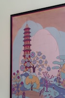 A stylized artwork featuring a tall pagoda surrounded by vibrant trees with flowers and birds. The scene is decorative with a mix of botanical elements and whimsical patterns. The color palette is soft, with pastels and muted tones creating a serene landscape.