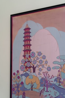 A stylized artwork featuring a tall pagoda surrounded by vibrant trees with flowers and birds. The scene is decorative with a mix of botanical elements and whimsical patterns. The color palette is soft, with pastels and muted tones creating a serene landscape.