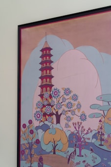A stylized artwork featuring a tall pagoda surrounded by vibrant trees with flowers and birds. The scene is decorative with a mix of botanical elements and whimsical patterns. The color palette is soft, with pastels and muted tones creating a serene landscape.